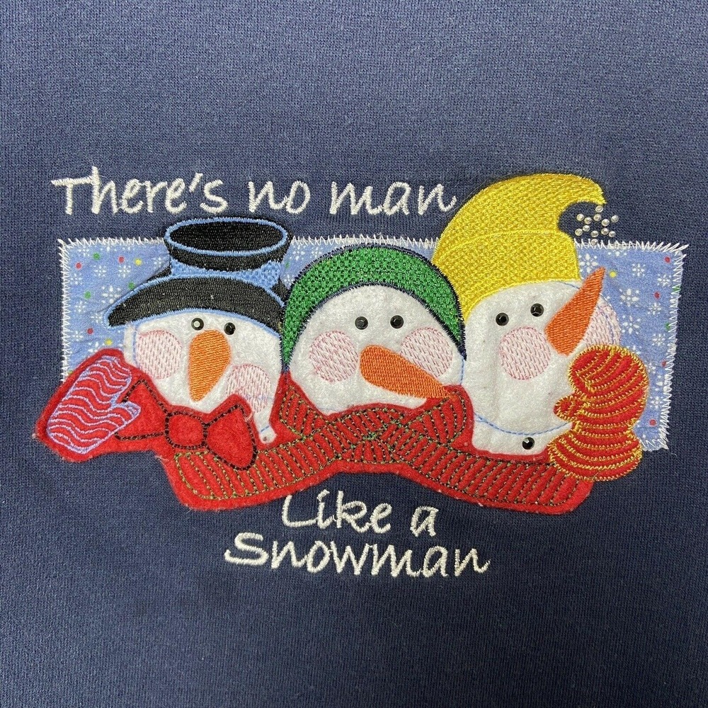 Vtg 90's Sweatshirt Theres No Man Like a Snowman Sz L Blue Christmas Applique